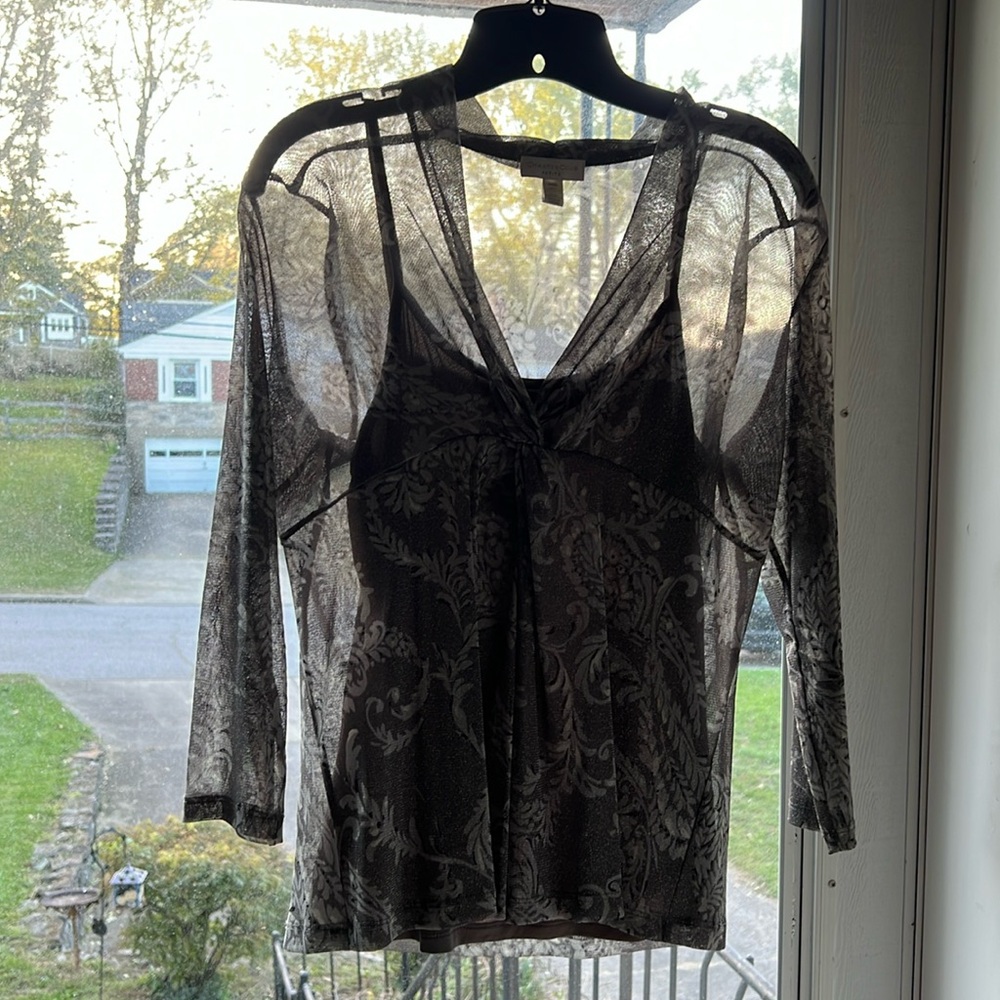 Charter Club sheer blouse w/camisole. Mostly grey w/black and silver sparkles.